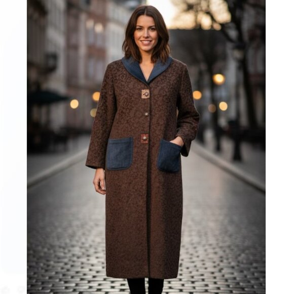 Dot & Vera Boho Brown Floral Full Length Coat Vintage 60s Elbow Patches Size L - Picture 1 of 9